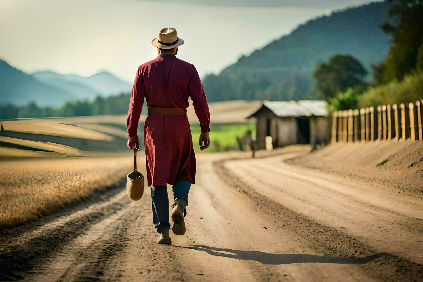 a man in a red coat and hat walking down a dirt road. AI-Generated photo