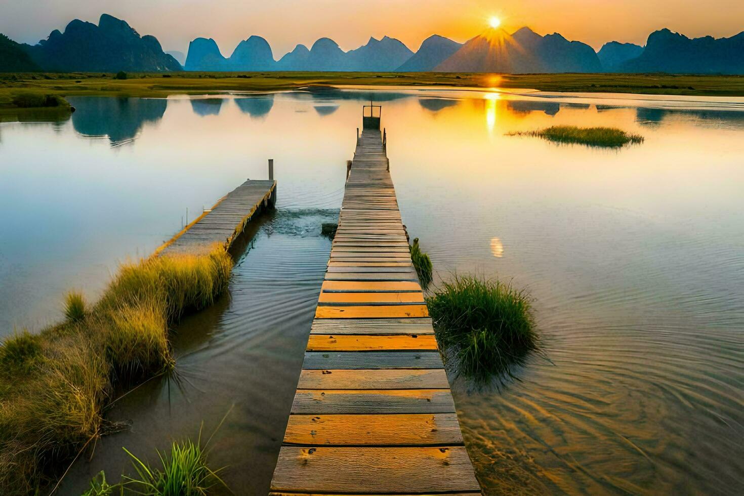 the sun rises over a wooden bridge in china. AI-Generated photo