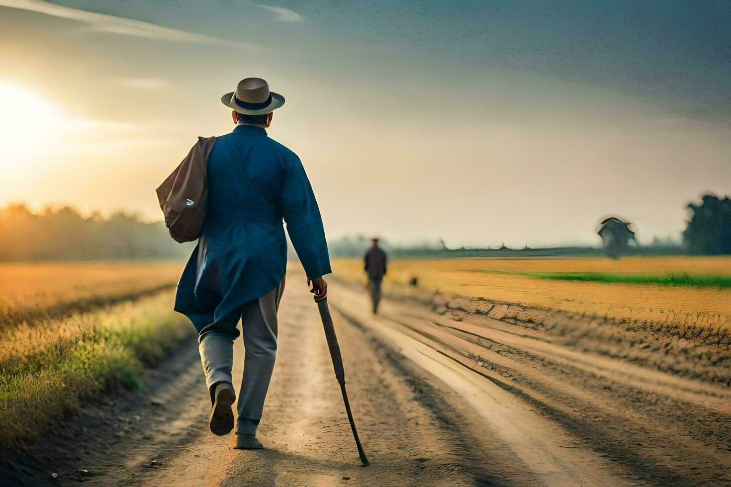 a man in a hat and coat walking down a dirt road. AI-Generated photo