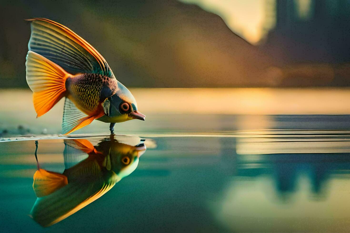 a fish is reflected in the water at sunset. AI-Generated photo