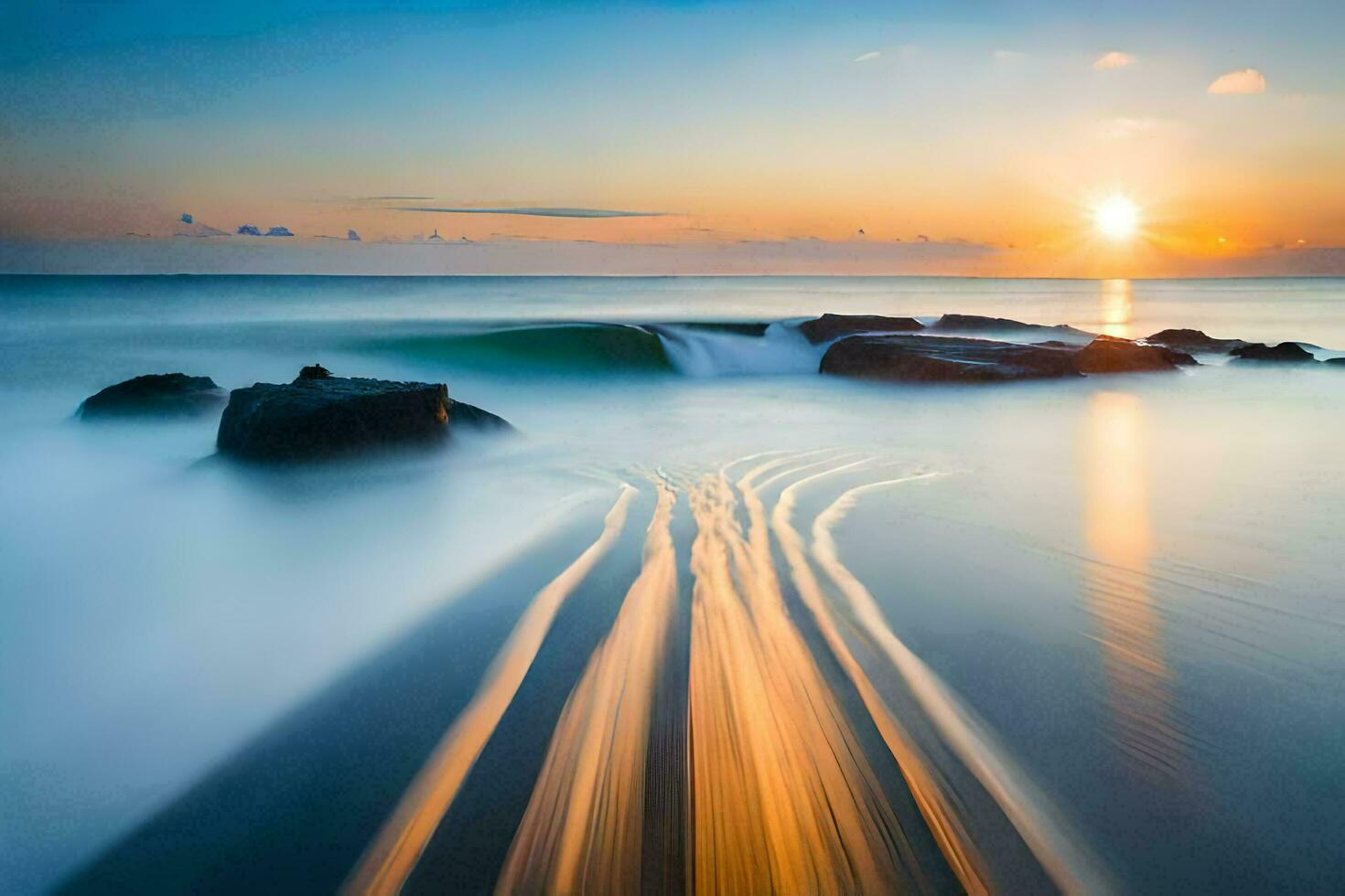 un largo exposición fotografía de olas estrellarse dentro el océano. generado por ai foto