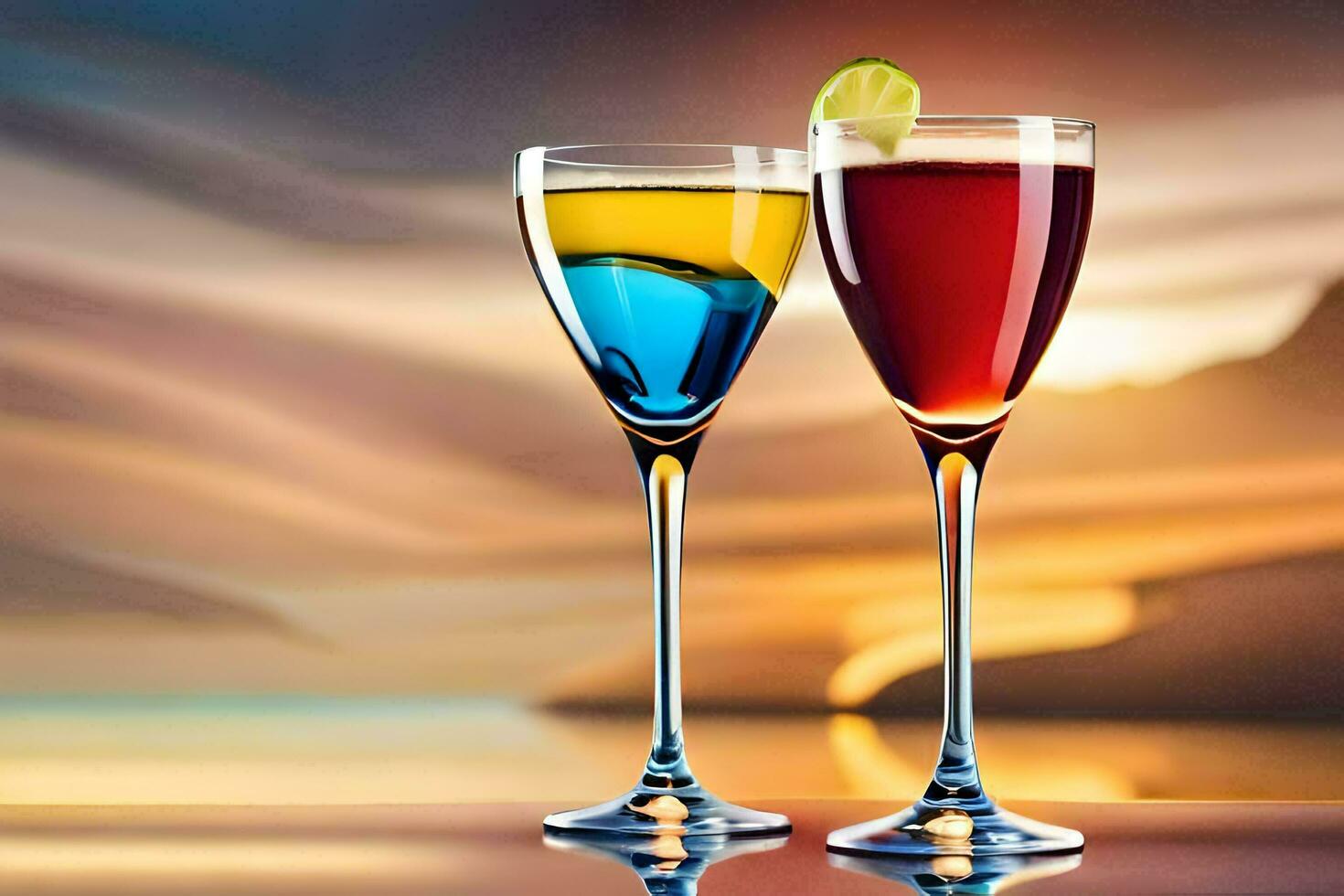 two glasses of colored drinks with sunset in the background. AI-Generated photo
