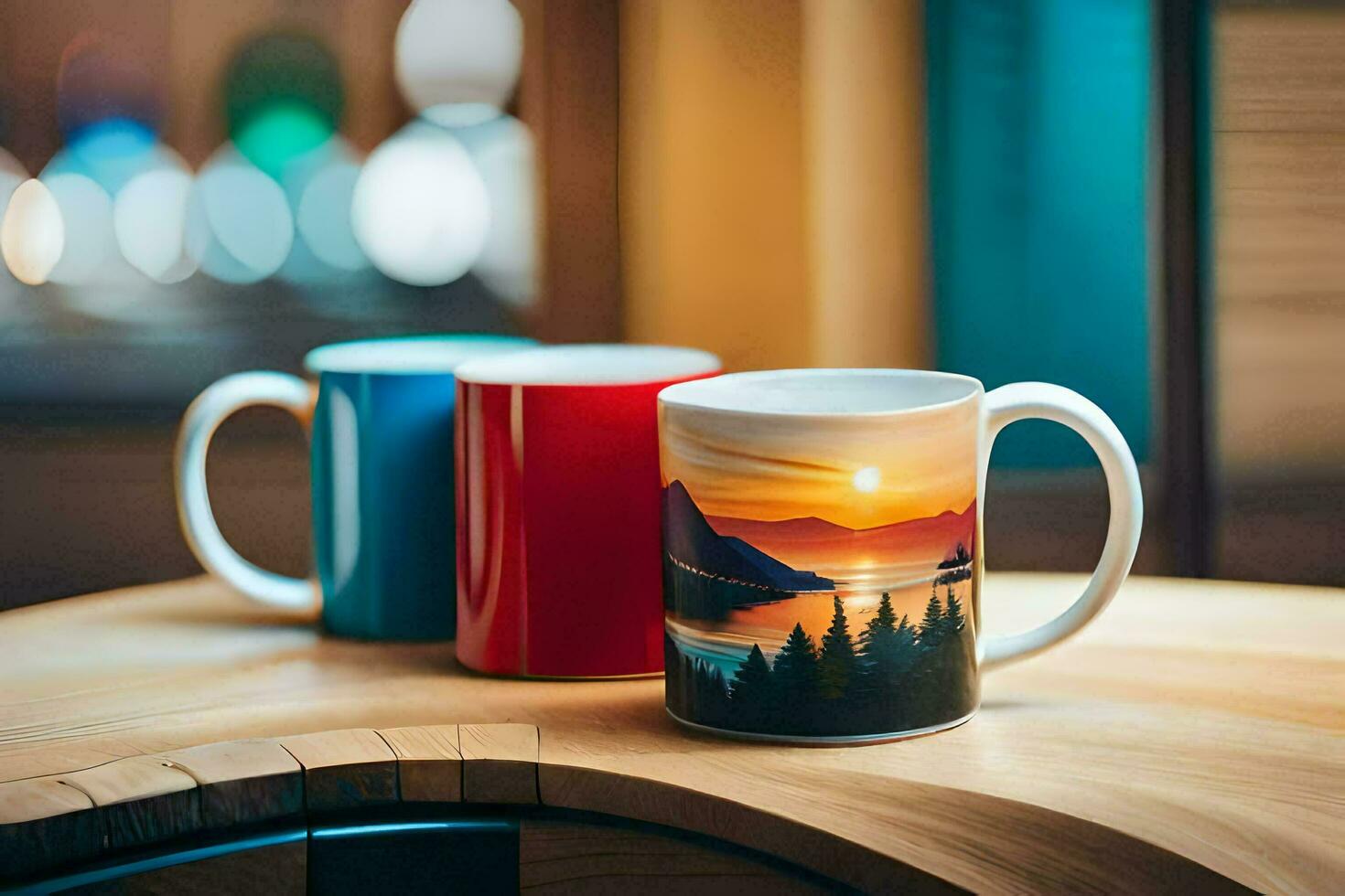 dos café tazas con un puesta de sol en a ellos. generado por ai foto