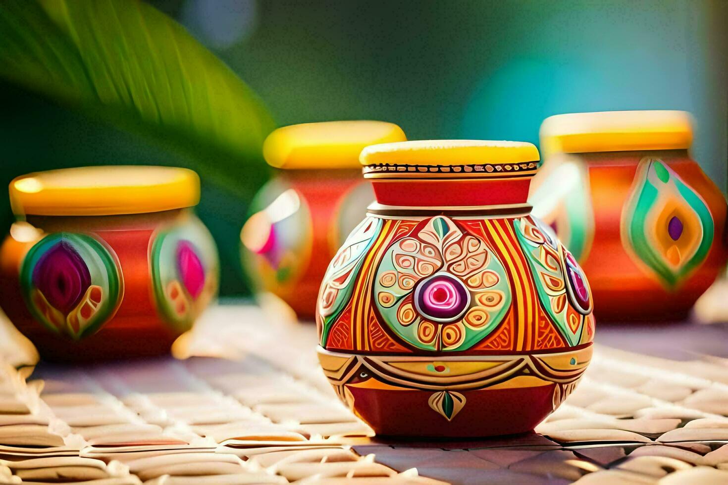 colorful painted pots on a table. AI-Generated photo