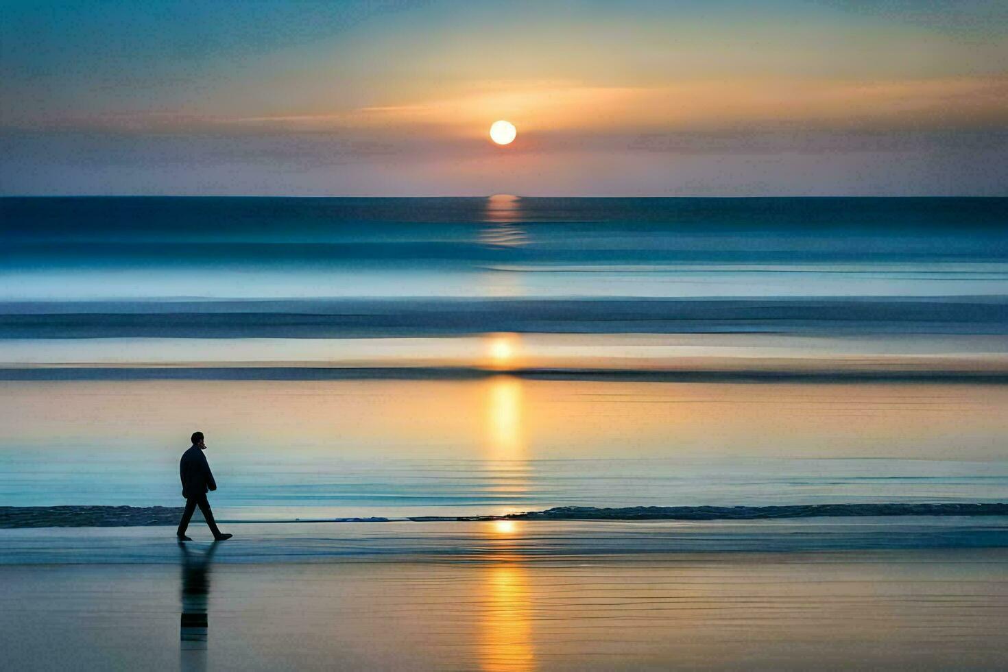 a man walking on the beach at sunset. AI-Generated photo