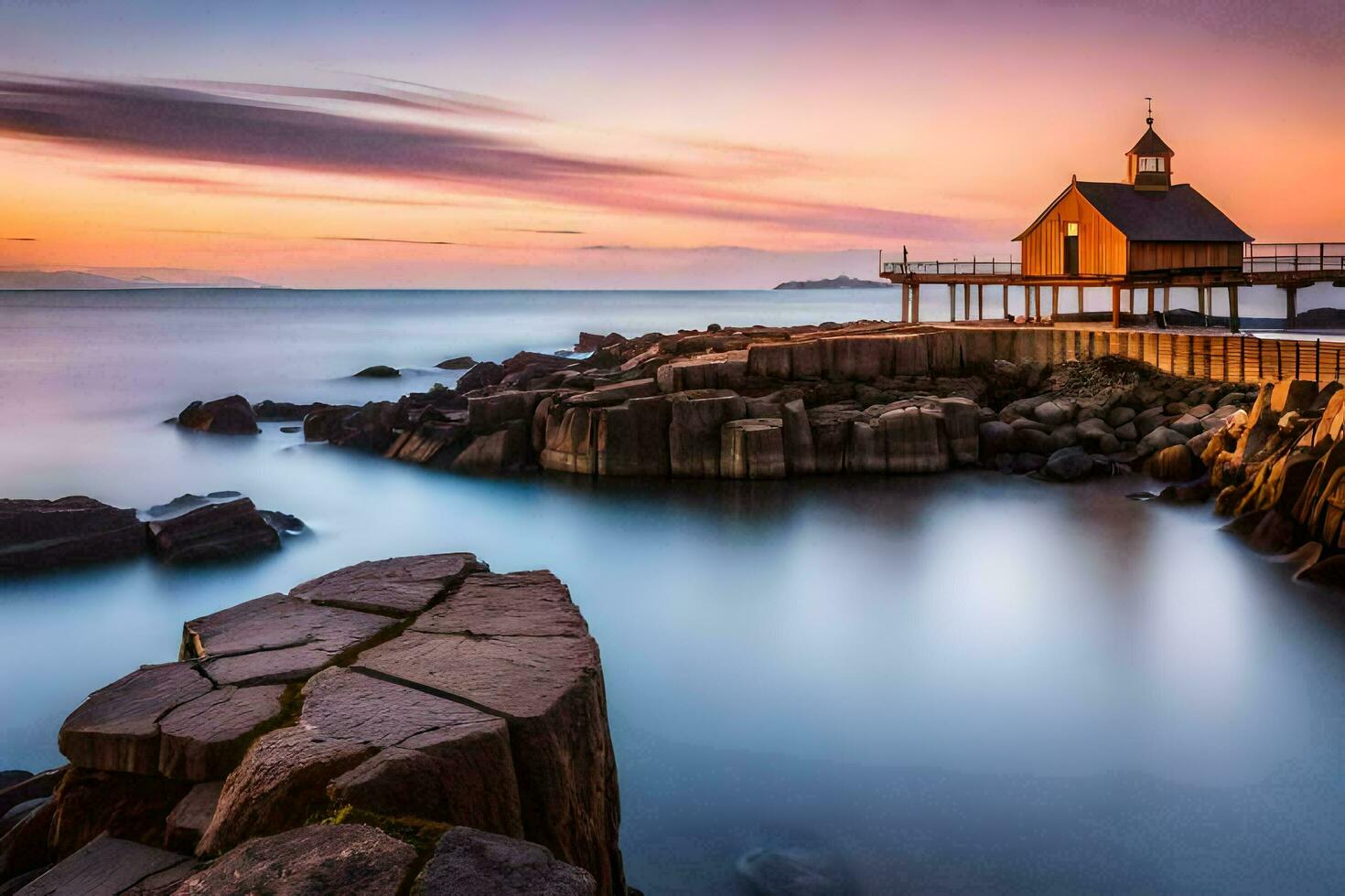 a small wooden house sits on the rocks at sunset. AI-Generated photo