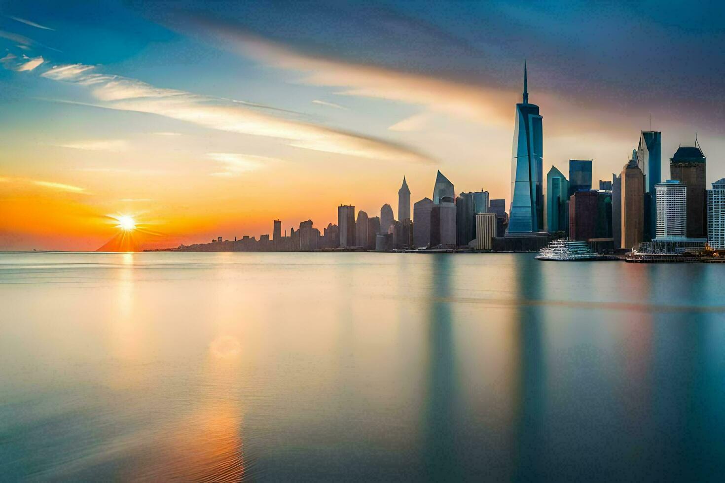 the manhattan skyline at sunset. AI-Generated photo