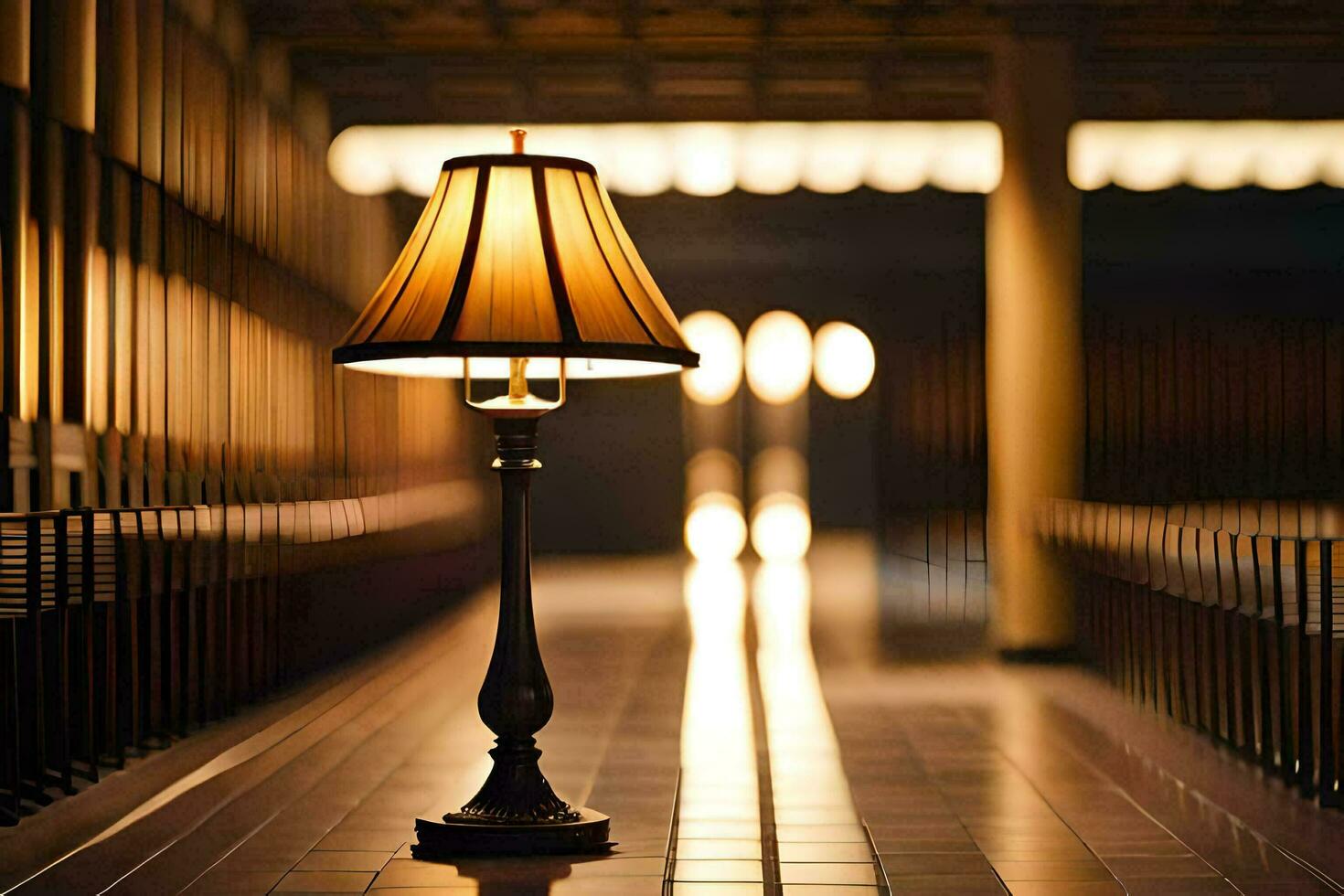 a lamp is sitting on a floor in a dark room. AI-Generated photo