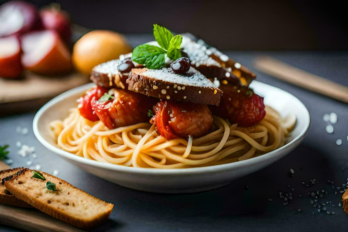 spaghetti with meatballs and tomatoes in a bowl. AI-Generated photo