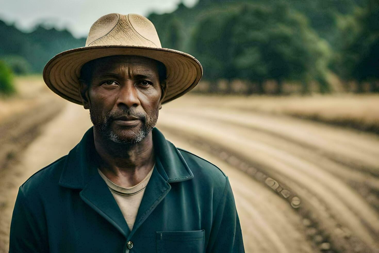 a man in a hat stands in a field. AI-Generated photo