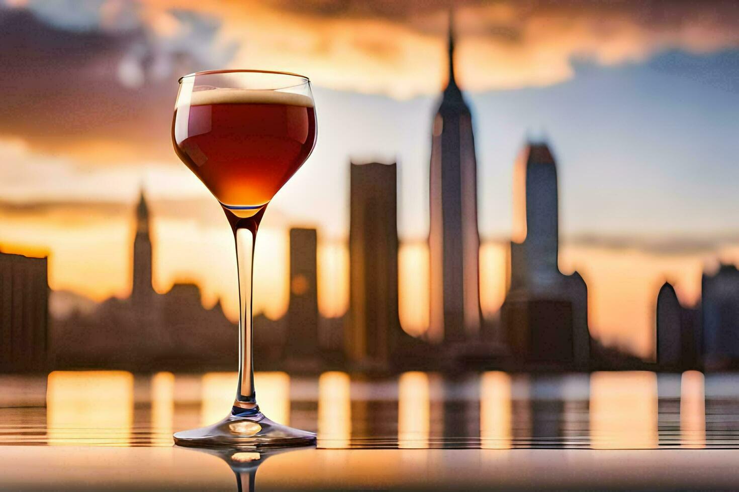 a glass of wine with a city skyline in the background. AI-Generated photo