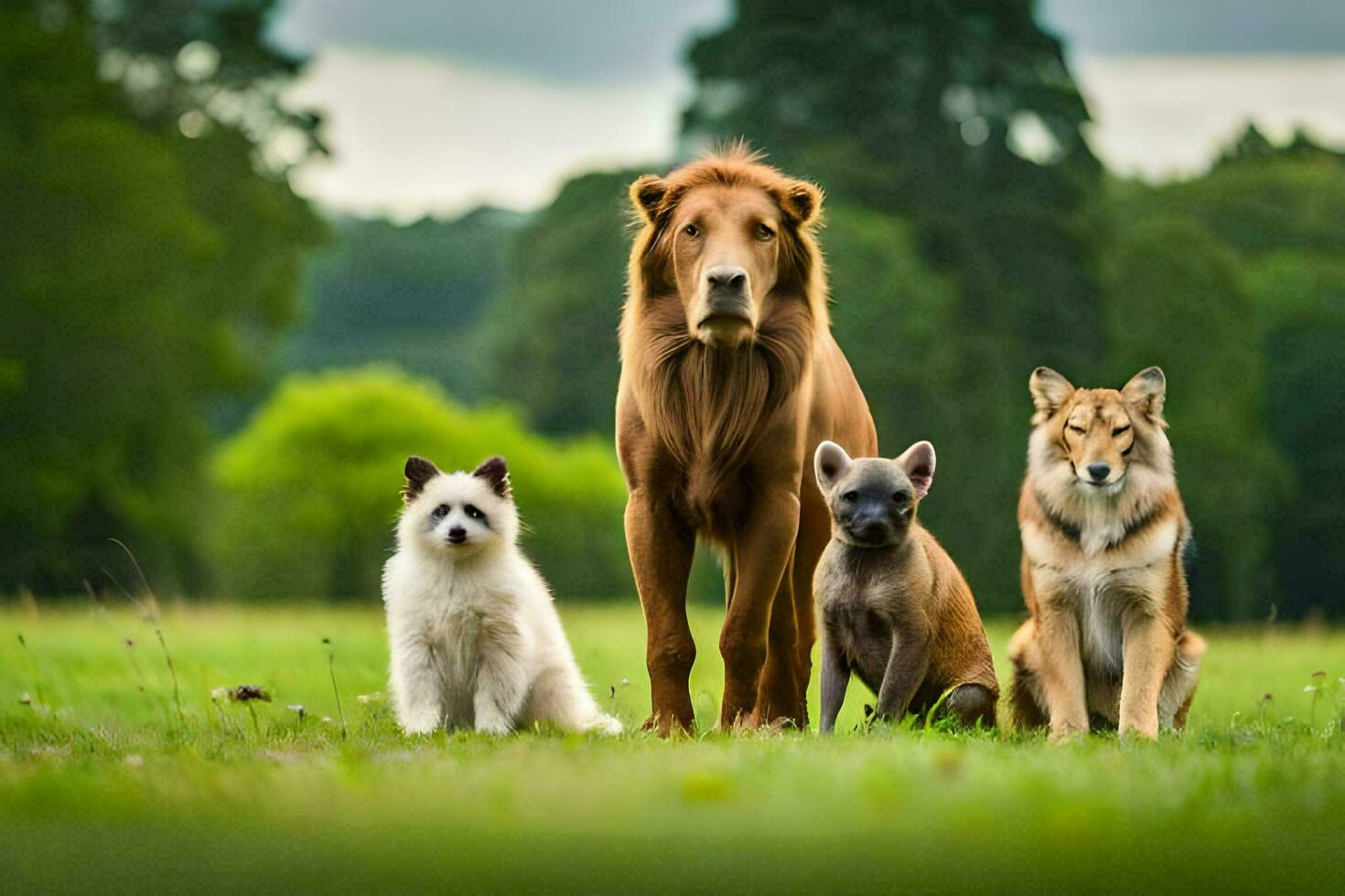 un león, un perro, y dos gatos en un campo. generado por ai foto