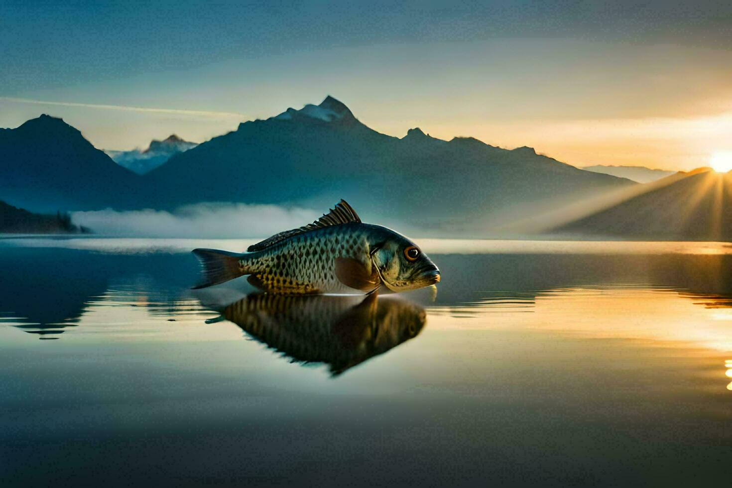 a fish is floating in the water at sunset. AI-Generated photo