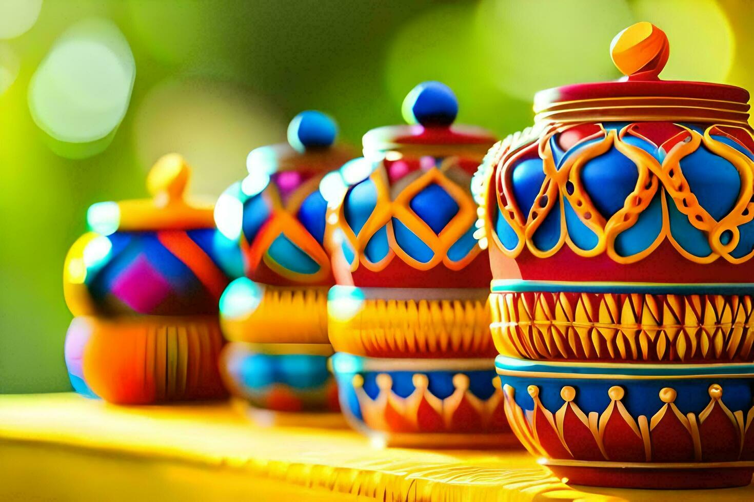 colorful pots on a yellow table. AI-Generated photo