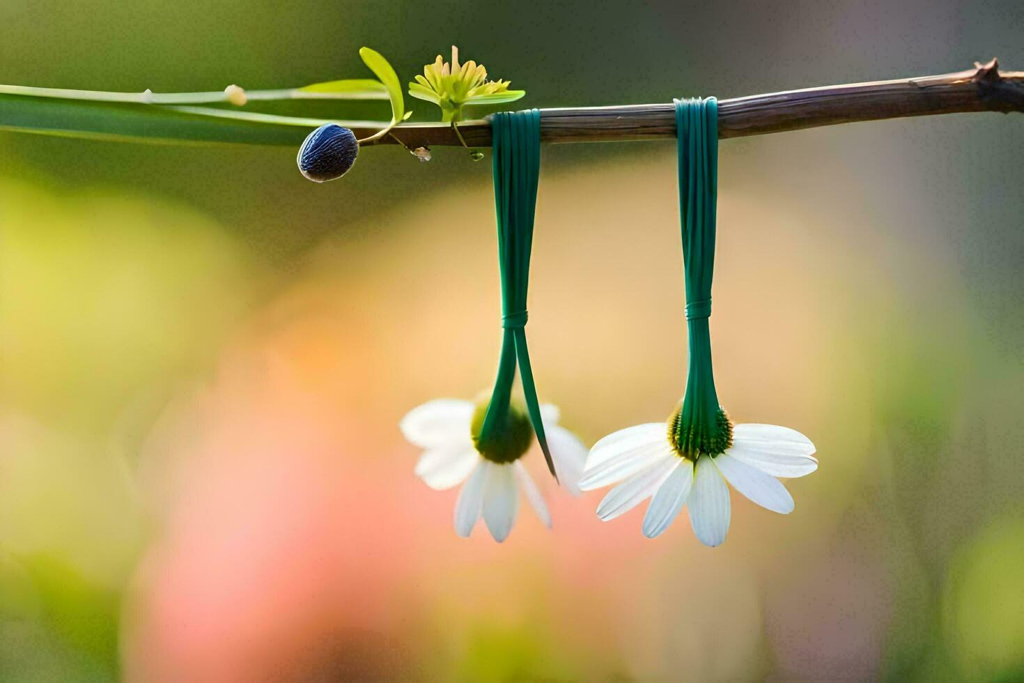 two white daisies hanging from a branch. AI-Generated photo