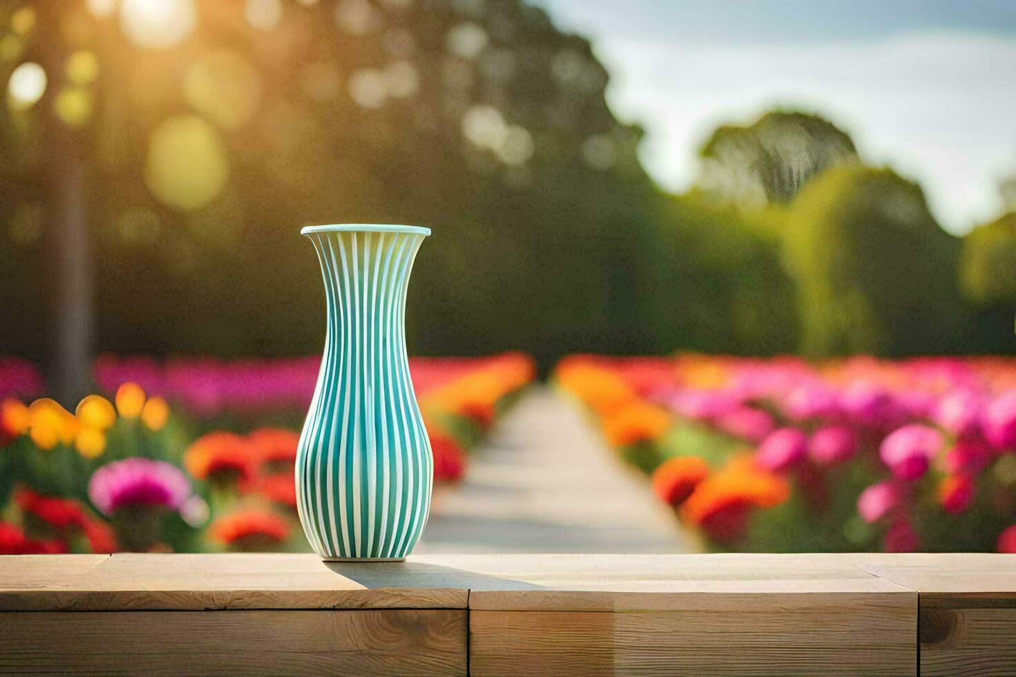 a vase sitting on a wooden table in front of a field of tulips. AI-Generated photo