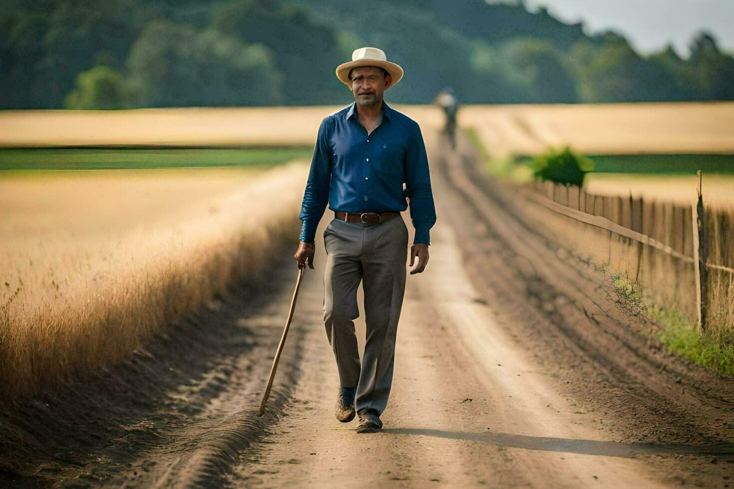 un hombre en un sombrero y azul camisa caminando abajo un suciedad la carretera. generado por ai foto