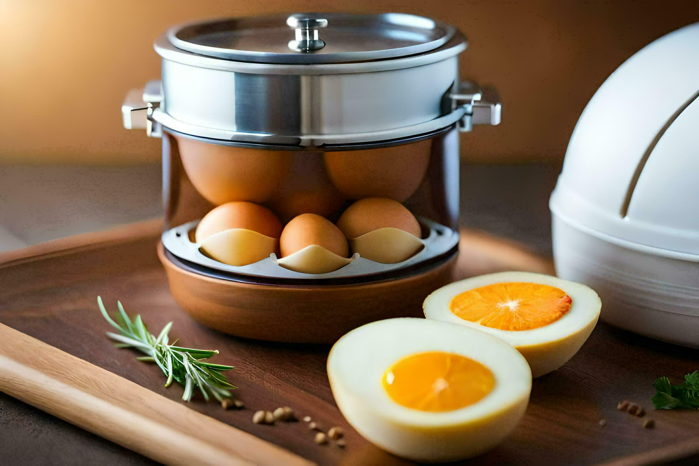 an egg cooker with eggs and a knife. AIGenerated 32590842 Stock Photo
