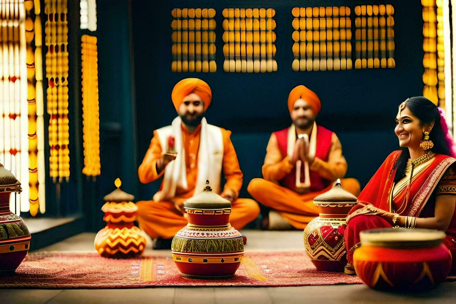 a couple in traditional indian attire sit on the floor with their hands on their heads. AI-Generated photo