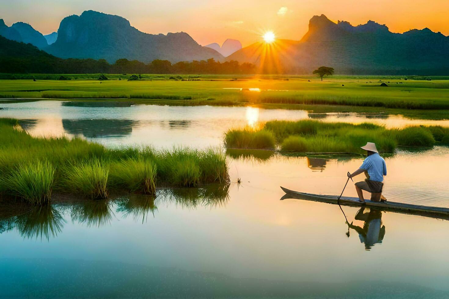 un hombre paletas un barco mediante un río a puesta de sol. generado por ai foto