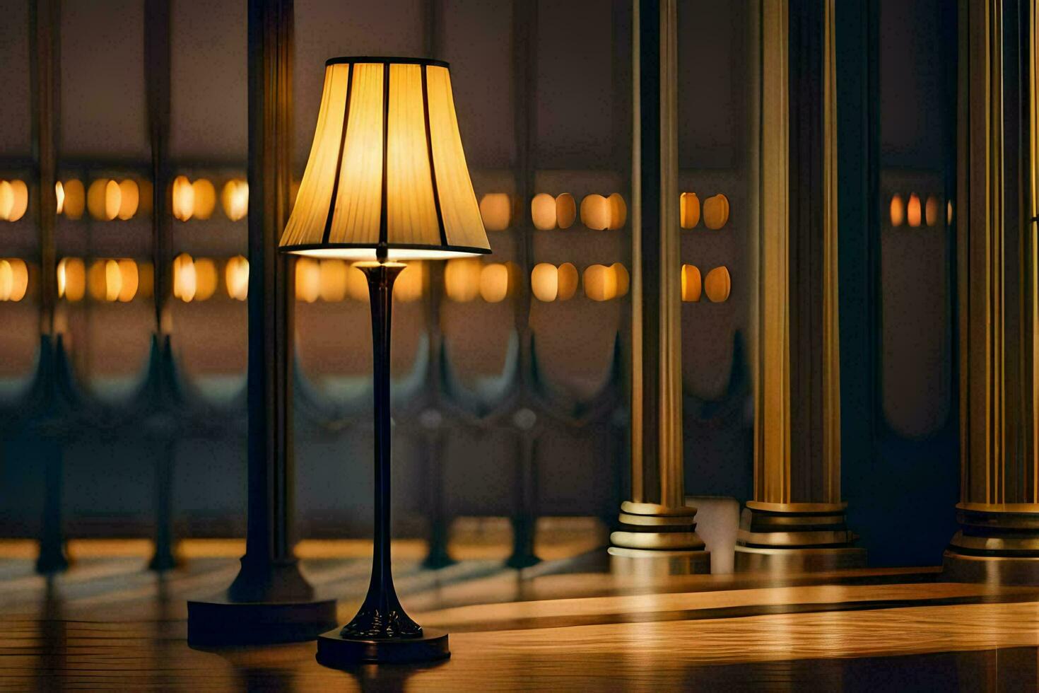 a lamp is sitting on a floor in front of columns. AI-Generated photo
