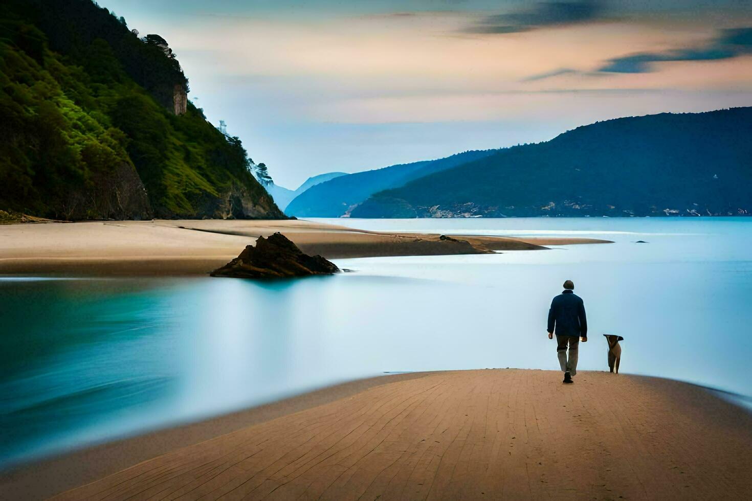 a man and his dog walk along the beach at sunset. AI-Generated photo