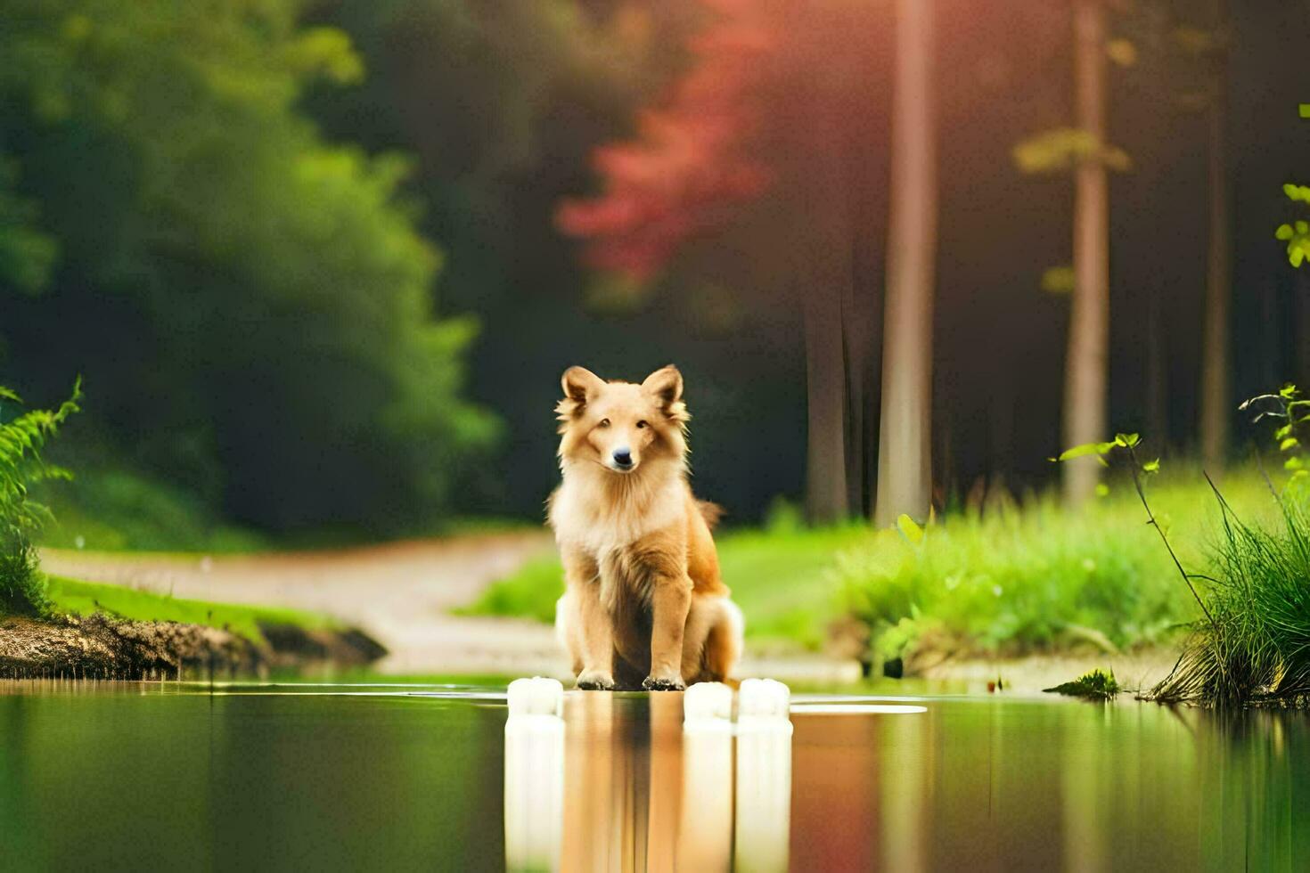 a dog sitting on the edge of a river. AI-Generated photo
