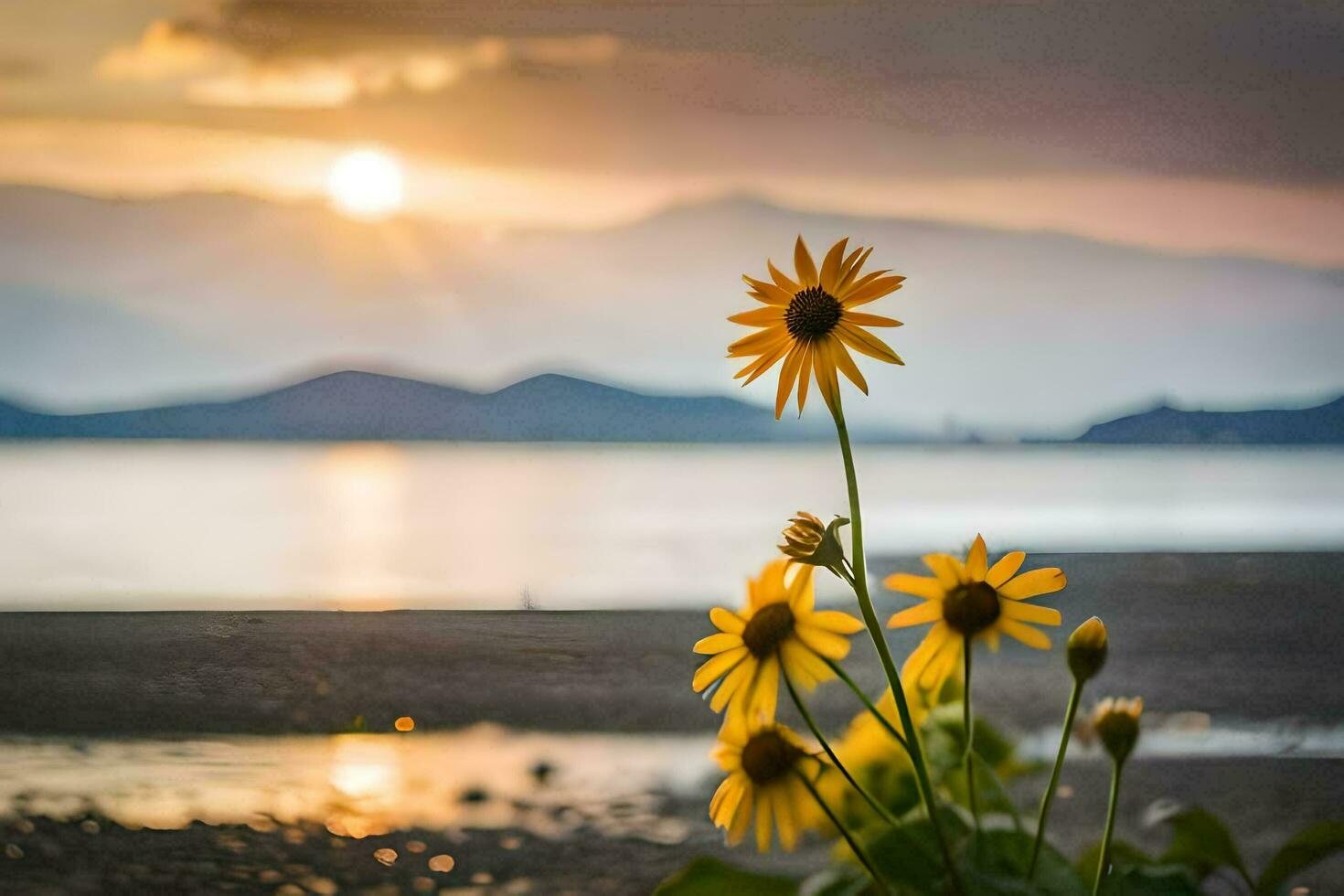 girasoles en el playa a puesta de sol. generado por ai foto