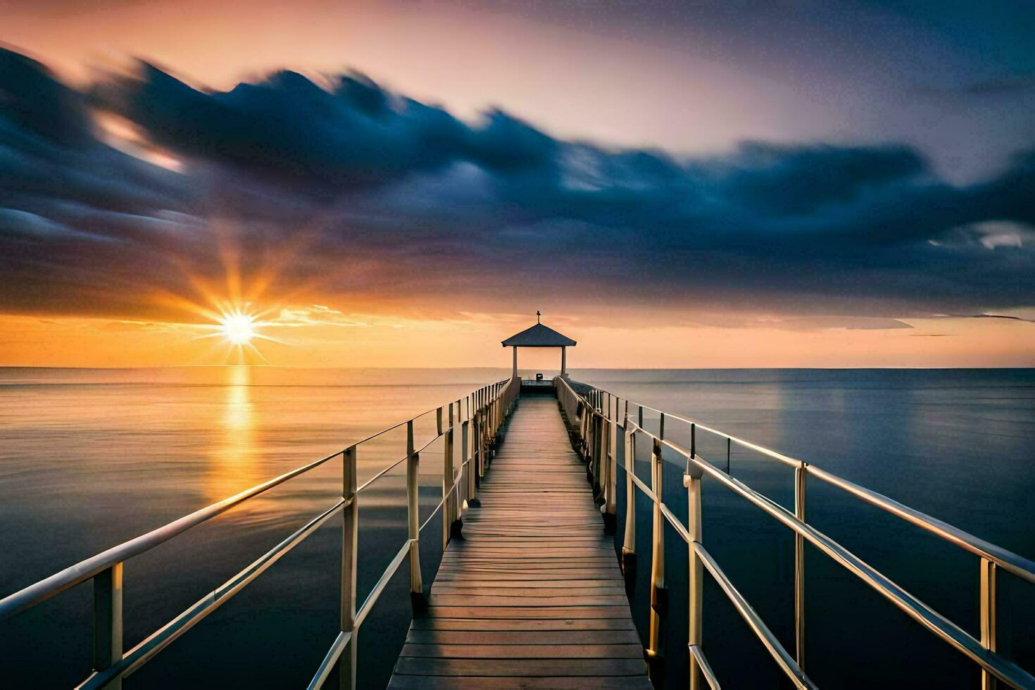 a pier with a sunset over the water. AI-Generated photo