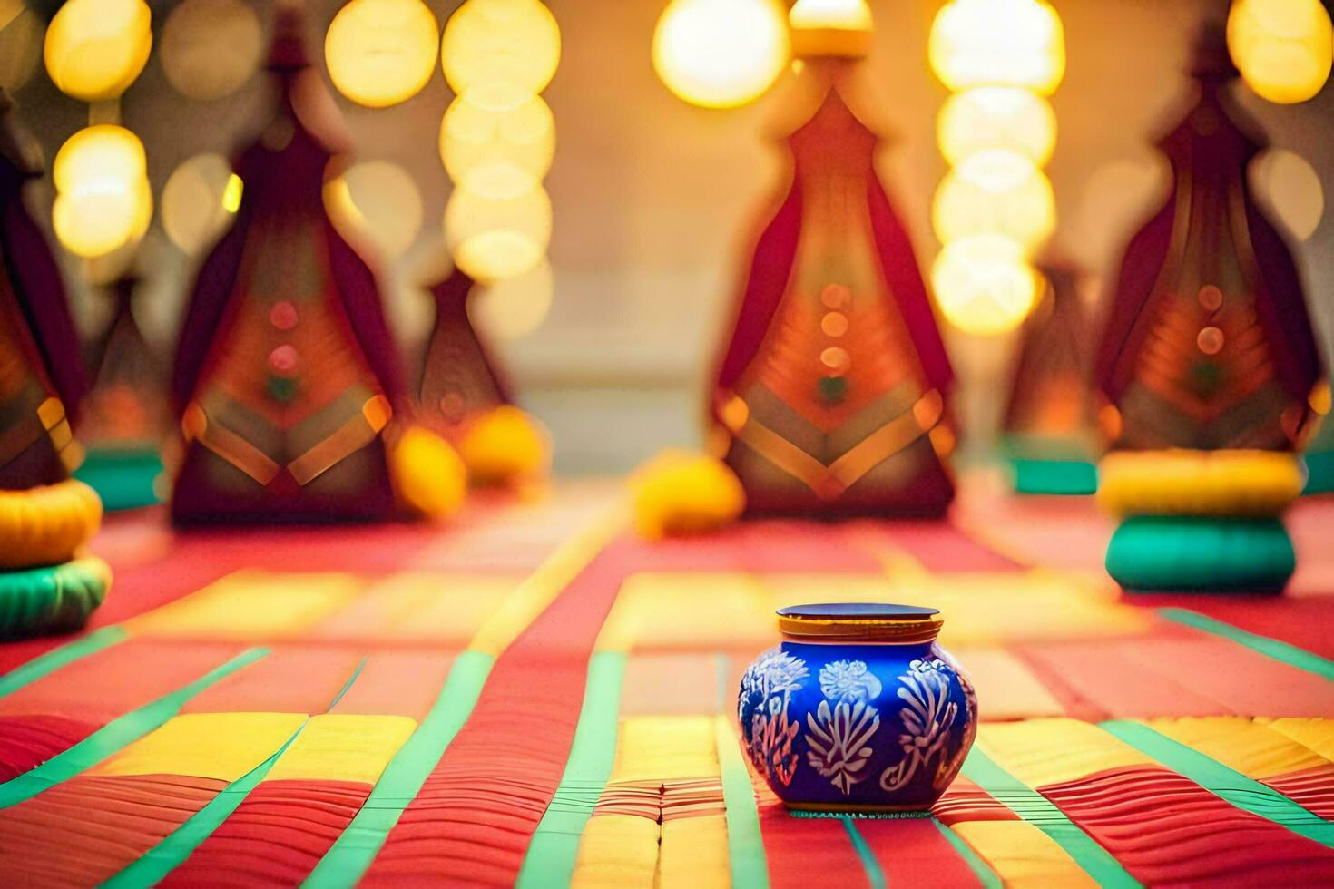 a colorful tablecloth with a candle on it. AI-Generated photo