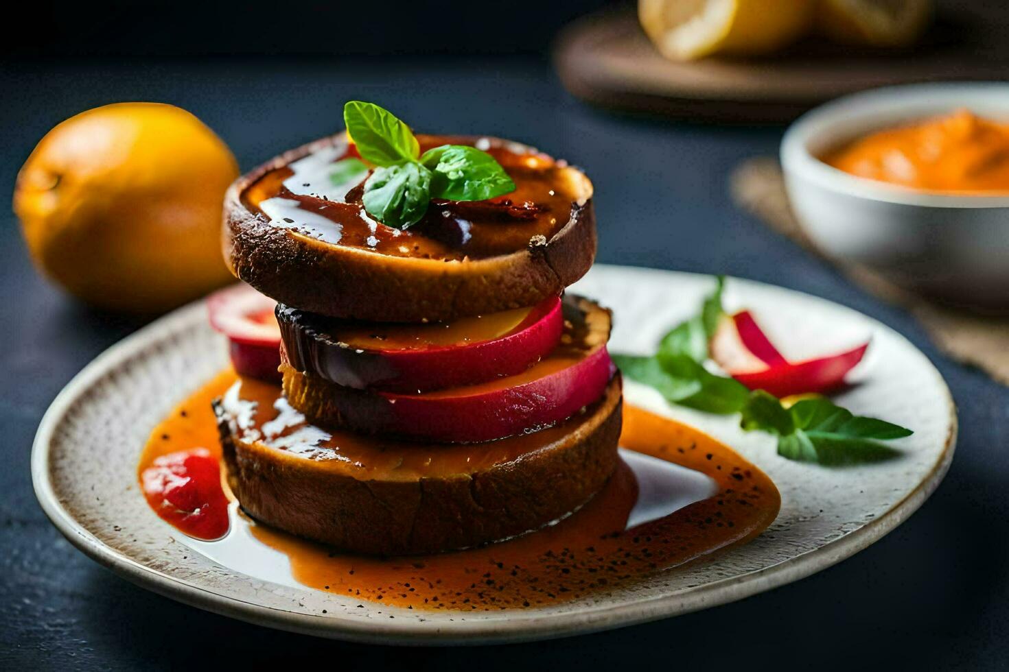 a stack of pancakes with apples and syrup. AI-Generated photo