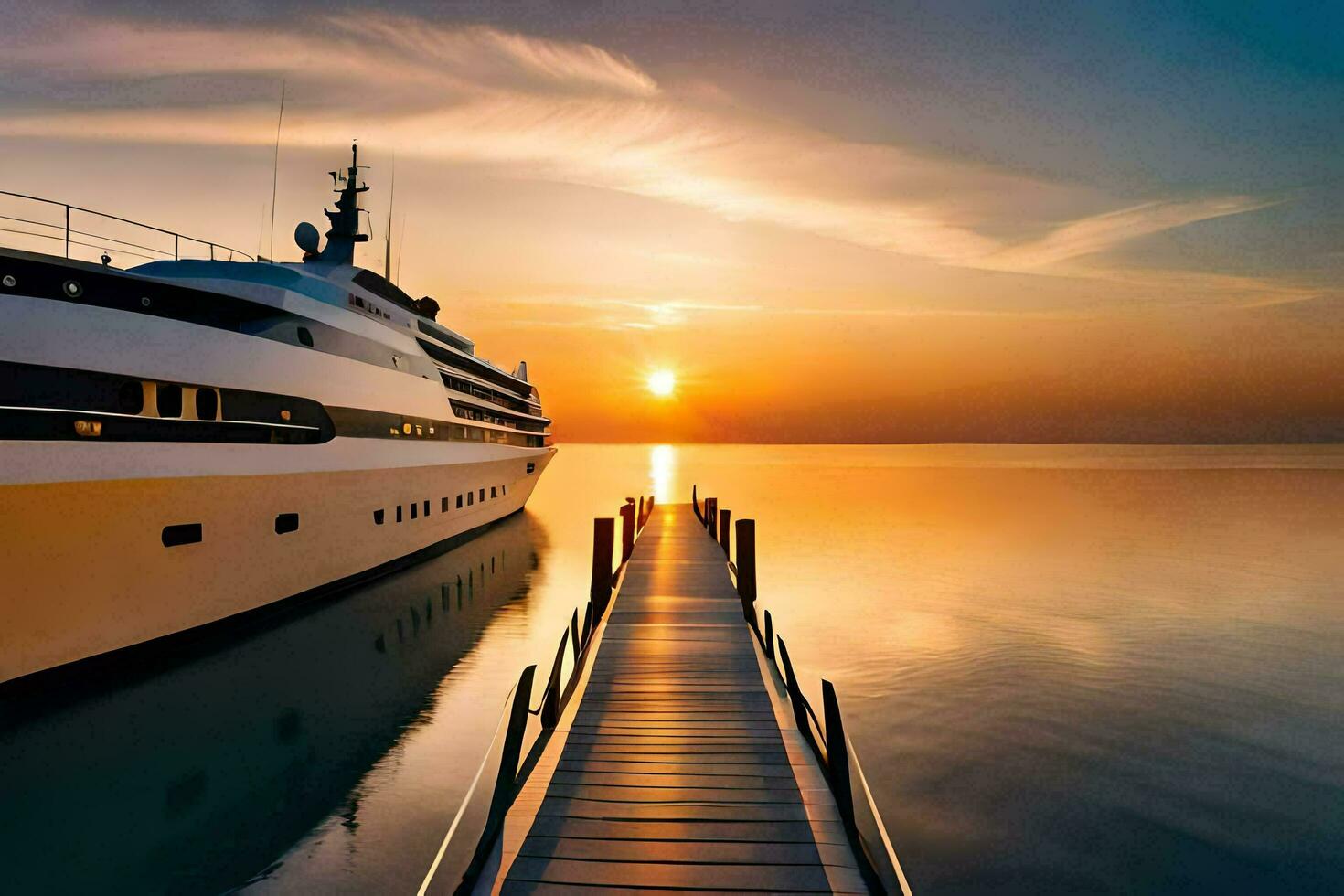a yacht docked at the end of a dock at sunset. AI-Generated photo