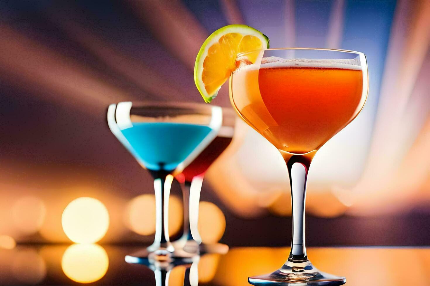 three different colored cocktails sit on a table. AI-Generated photo