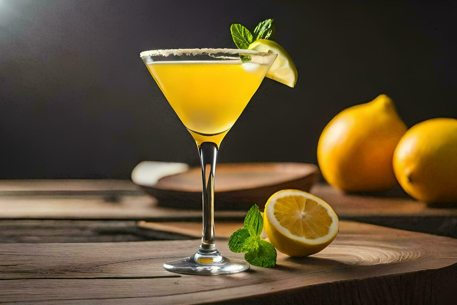 a cocktail with lemon and mint on a wooden table. AI-Generated photo