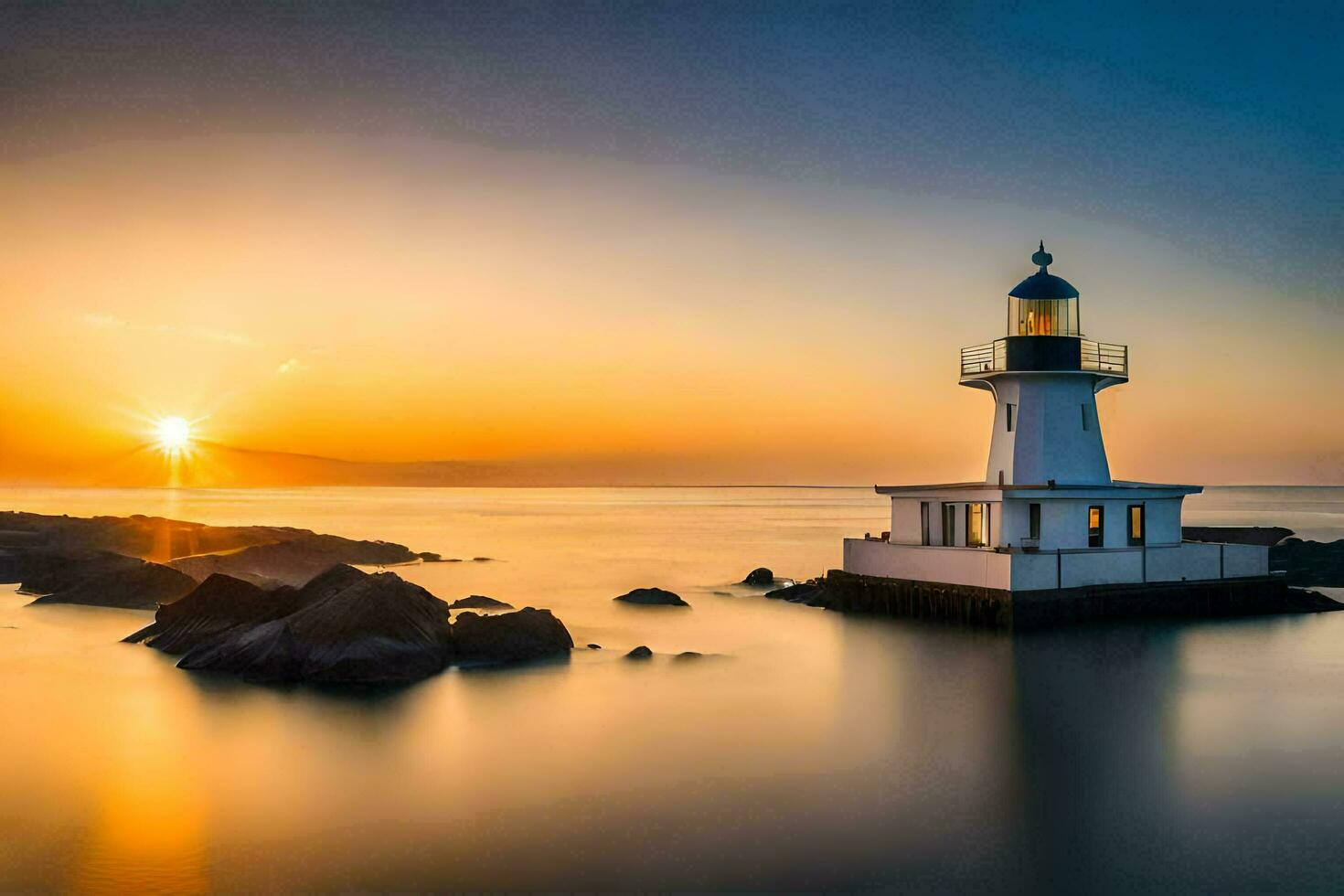 a lighthouse sits on the shore of a body of water at sunset. AI-Generated photo