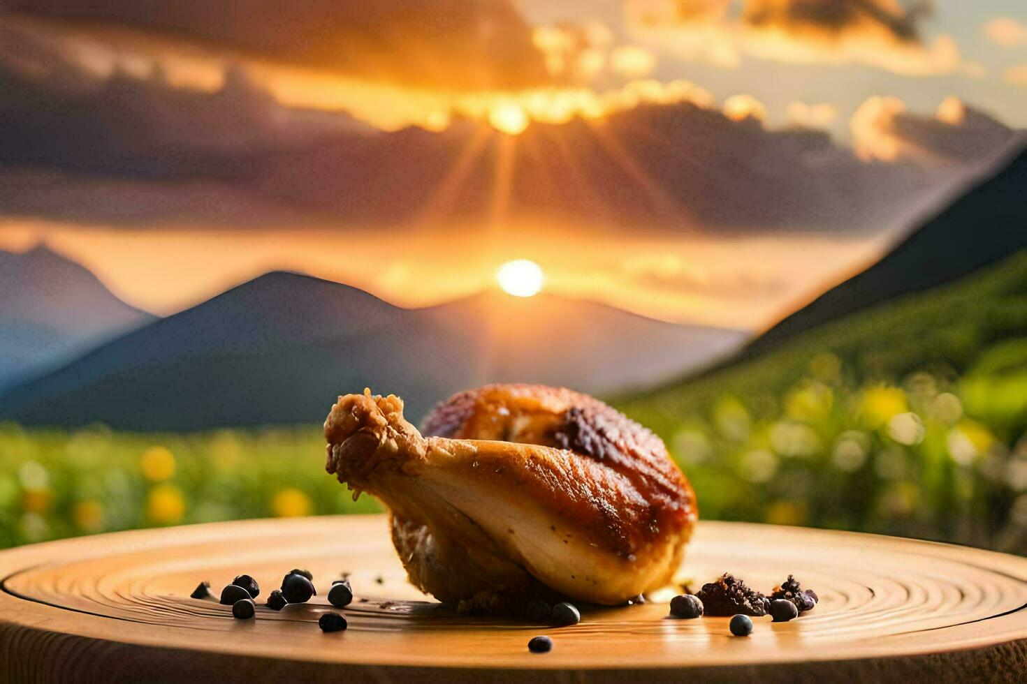 a chicken on a wooden plate with a sunset in the background. AI-Generated photo