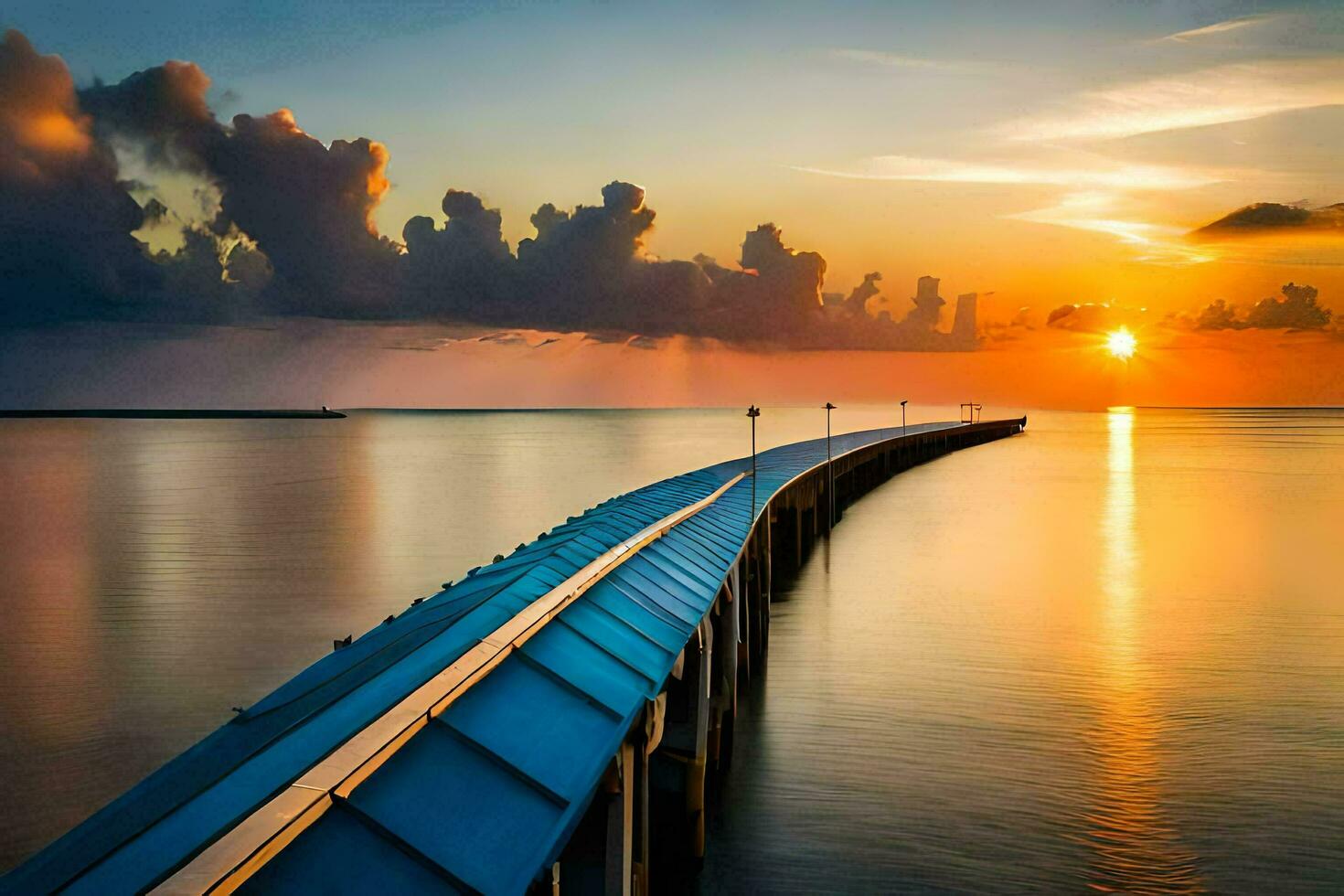 a long pier stretches into the ocean at sunset. AI-Generated photo