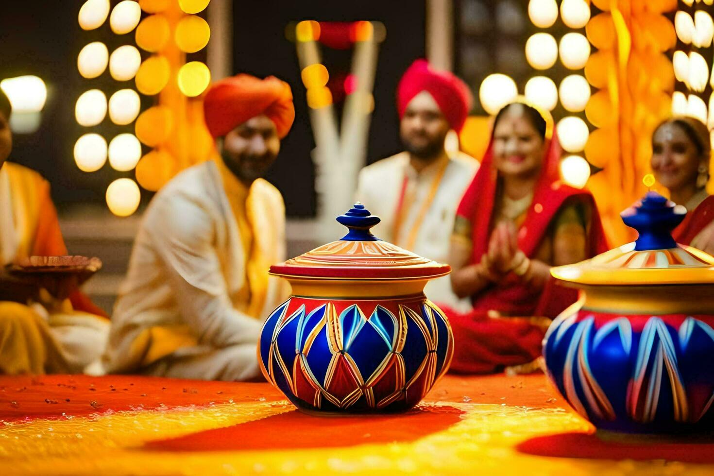 indian wedding ceremony with colorful pots and lamps. AI-Generated photo