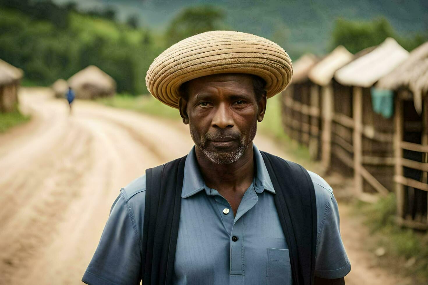 a man wearing a hat stands in front of a hut. AI-Generated photo