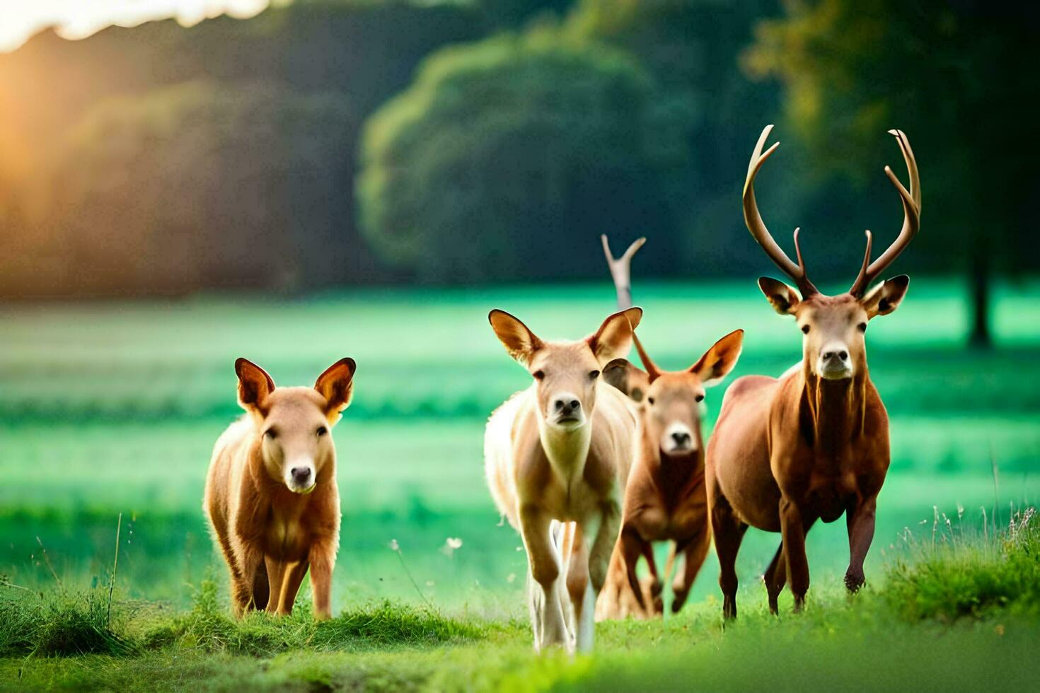 a group of deer walking in a field. AI-Generated photo