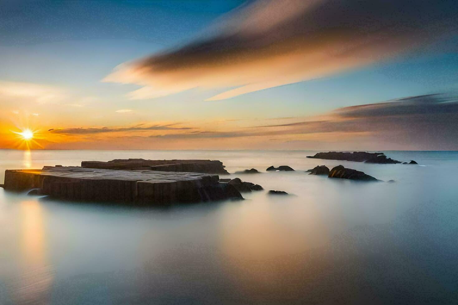 a long exposure photograph of rocks in the ocean at sunset. AI-Generated photo