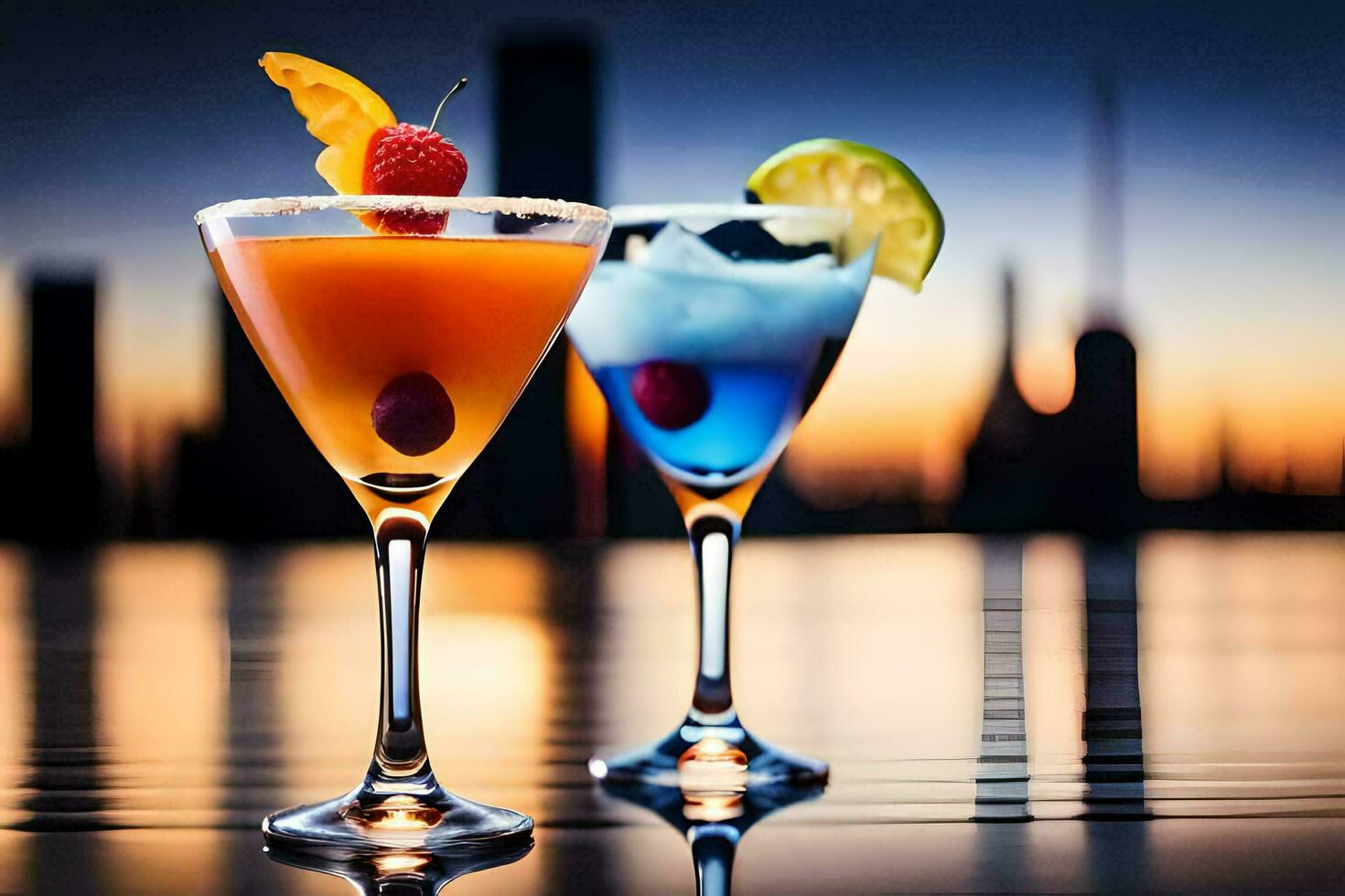 two cocktails with fruit and a cherry on the rim. AI-Generated photo