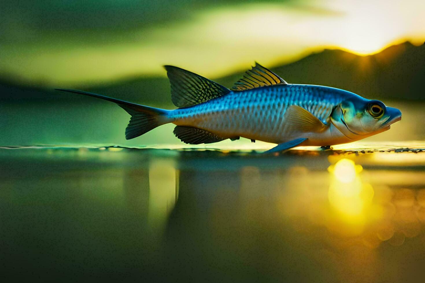 a fish is standing on the beach at sunset. AI-Generated photo