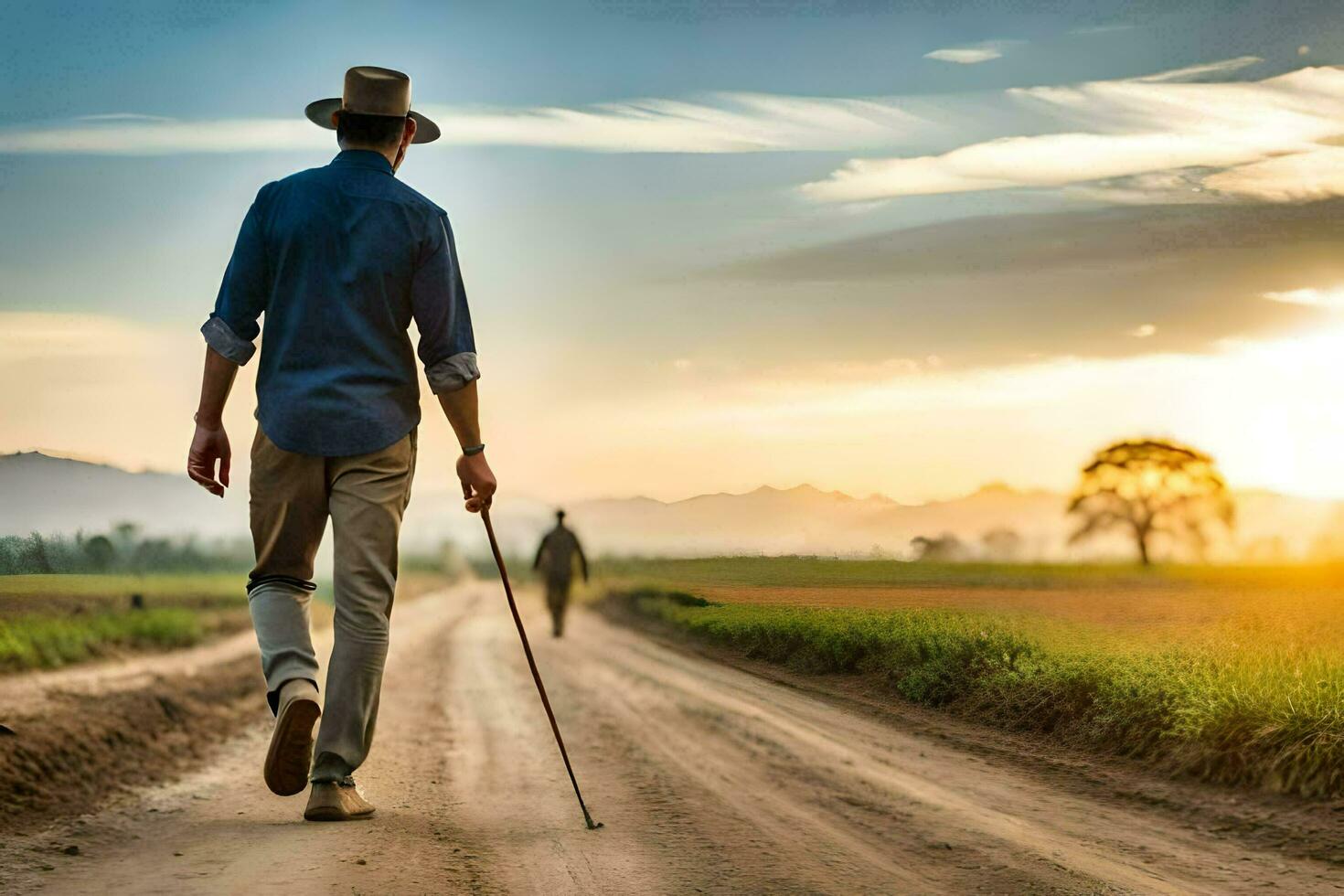 un hombre caminando abajo un suciedad la carretera con un caña. generado por ai foto