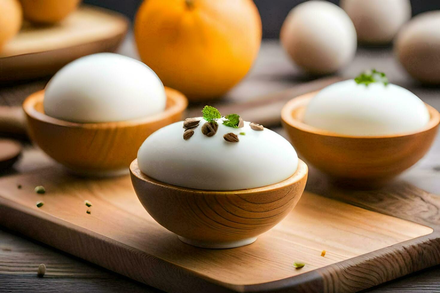 eggs in bowls with herbs and spices on a wooden cutting board. AI-Generated photo