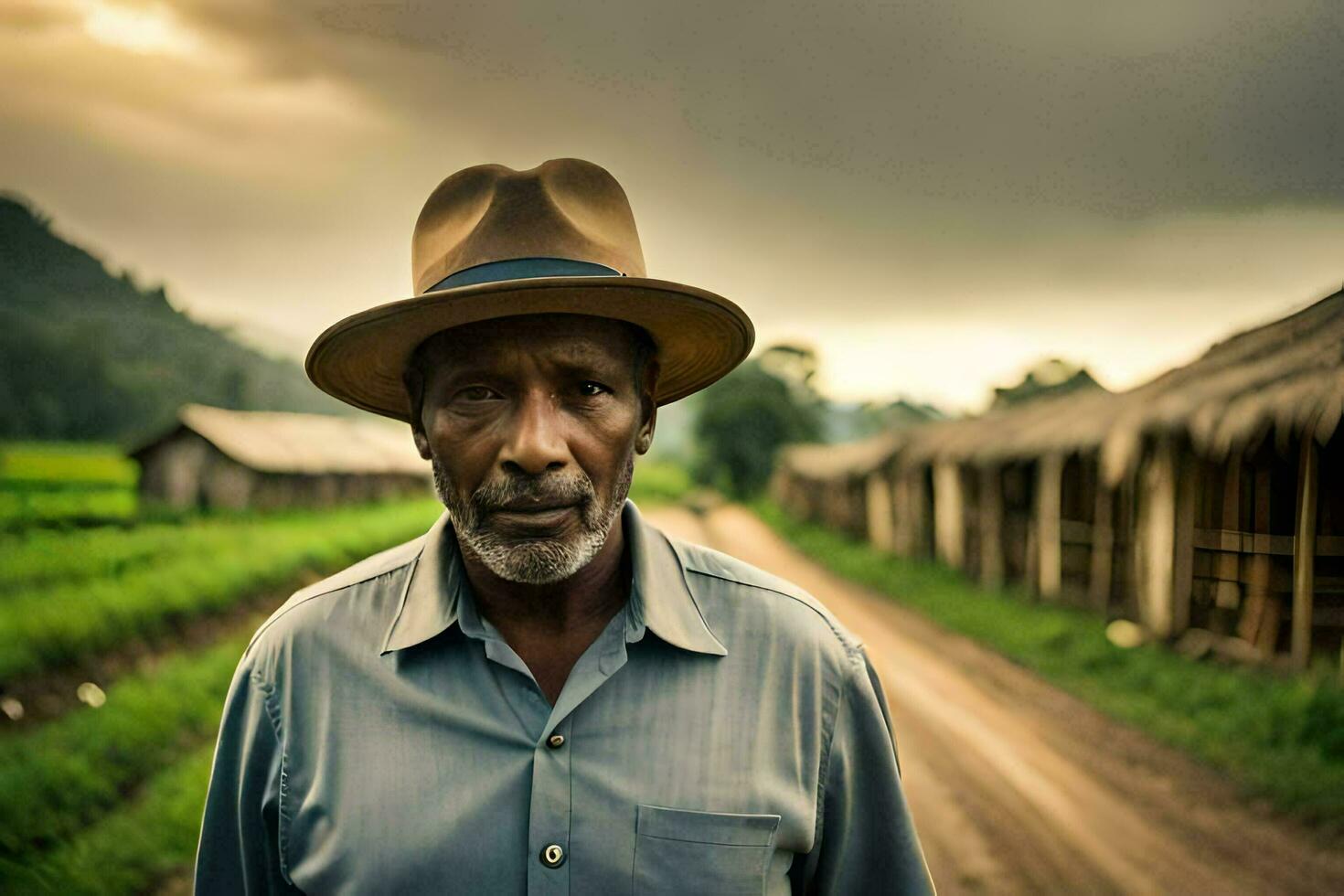 a man in a hat stands in the middle of a dirt road. AI-Generated photo