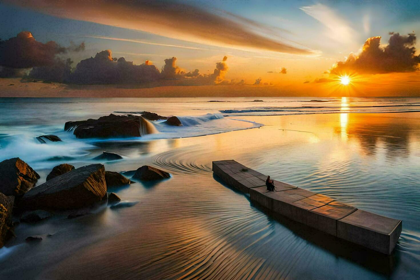 the sun sets over the ocean and rocks in the water. AI-Generated photo