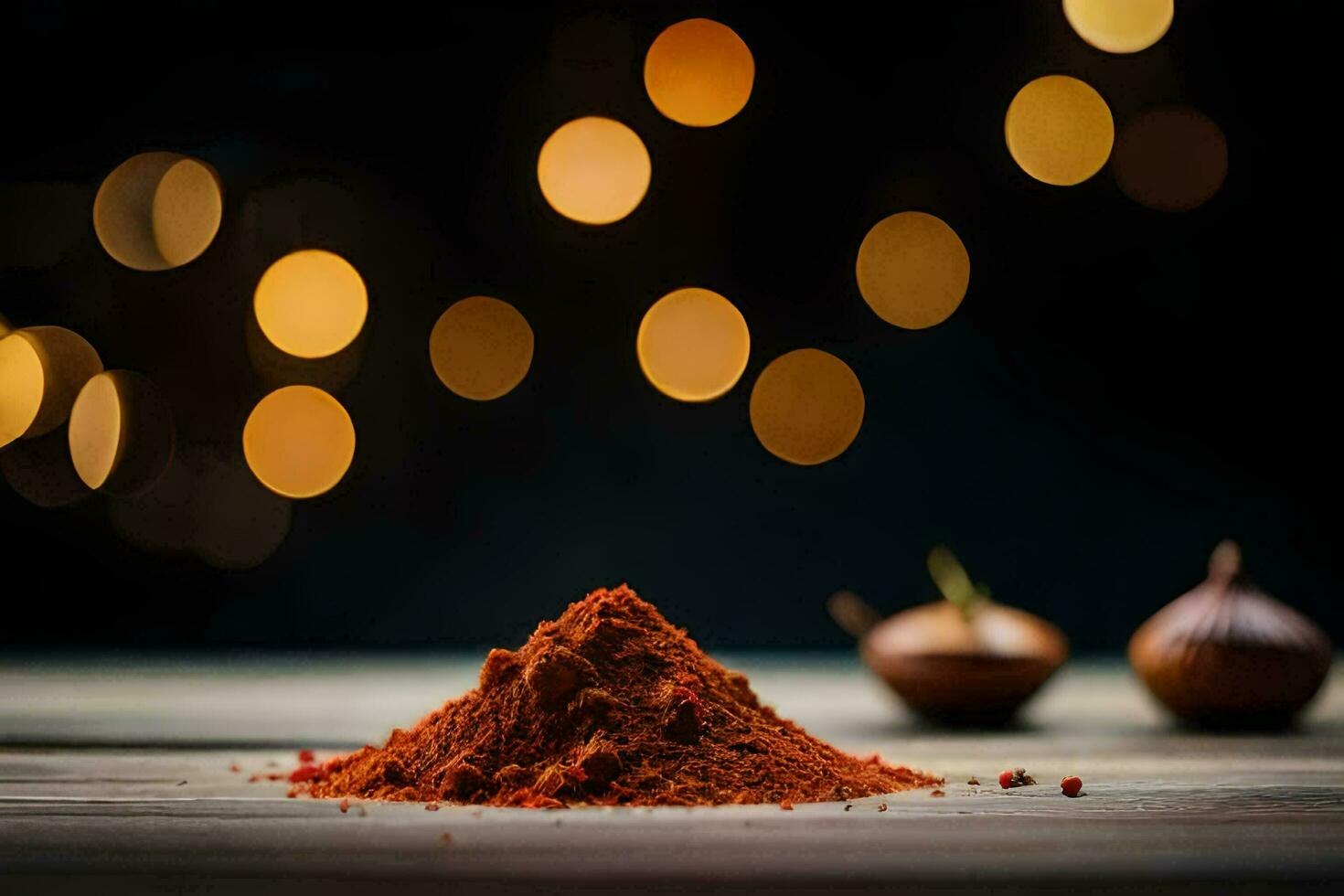 a pile of red chili powder on a wooden table. AI-Generated photo