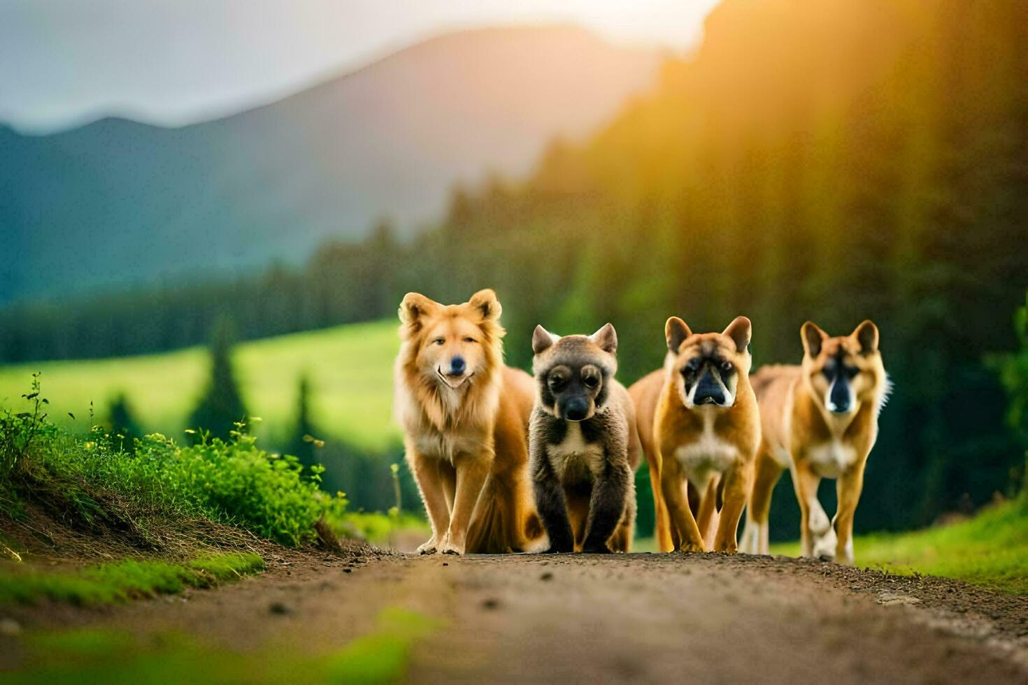 four dogs walking on a road in the mountains. AI-Generated photo