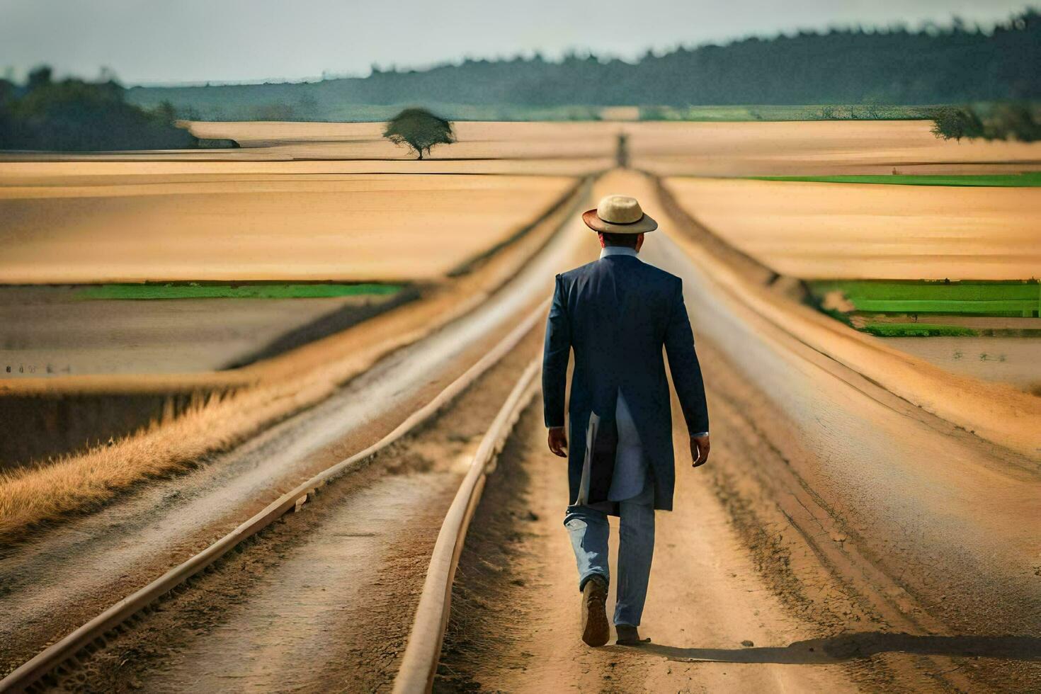 a man in a hat walks down a dirt road. AI-Generated photo